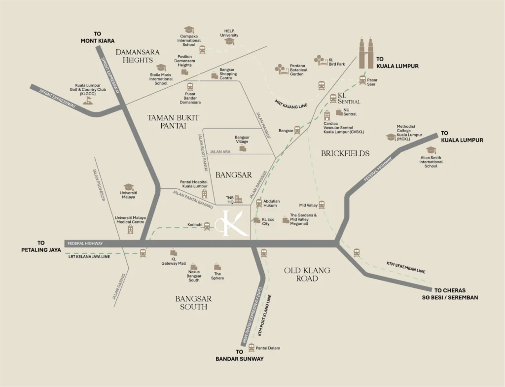 Location map of Khaya Residences near Bangsar, Mid Valley, KL Eco City and KL Sentral