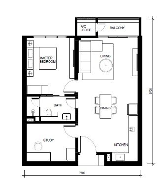 Type A 772 sqft one-bedroom plus study floor plan at Khaya Residences Bangsar