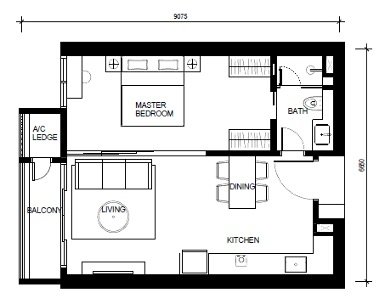 Type B 630 sqft one-bedroom floor plan at Khaya Residences Bangsar
