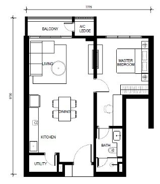 Type C 683 sqft one-bedroom plus study floor plan at Khaya Residences Bangsar