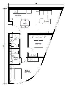 Type D 869 sqft two-bedroom floor plan at Khaya Residences Bangsar