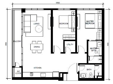 Type E 998 sqft two-bedroom plus study floor plan at Khaya Residences Bangsar