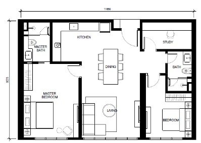 Type F 1032 sqft two-bedroom plus study floor plan at Khaya Residences Bangsar