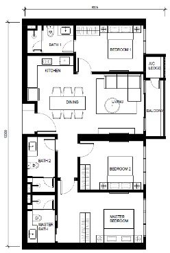 Type G 1086 sqft three-bedroom floor plan at Khaya Residences Bangsar