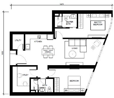 Type H 1028 sqft two-bedroom plus study floor plan at Khaya Residences Bangsar