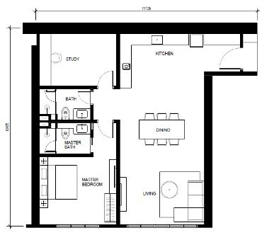 Type I 1096 sqft one-bedroom plus study floor plan at Khaya Residences Bangsar