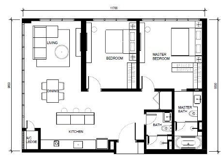Type J 1070 sqft two-bedroom floor plan at Khaya Residences Bangsar