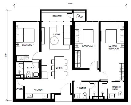 Type K 1164 sqft three-bedroom floor plan with utility area at Khaya Residences Bangsar