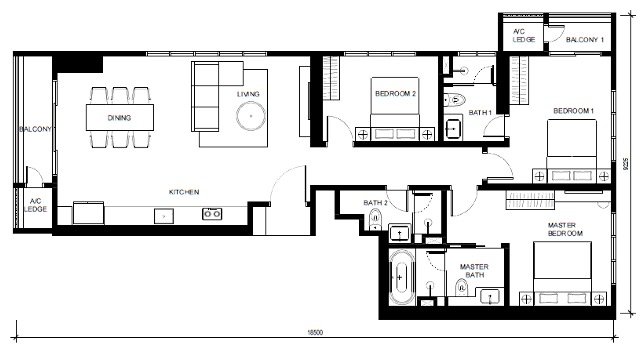 Type L 1321 sqft three-bedroom floor plan with two balconies at Khaya Residences Bangsar